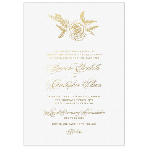 a white paper invitation with gold rose at top with both gold script and block fonts