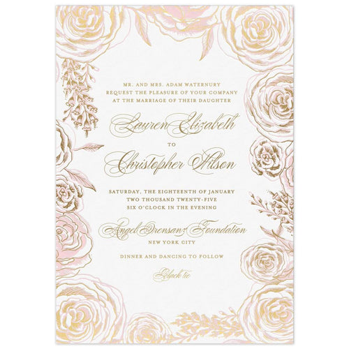 White paper invitation with block and script font in gold foil, a border of pink garden roses with touched of gold foil on top