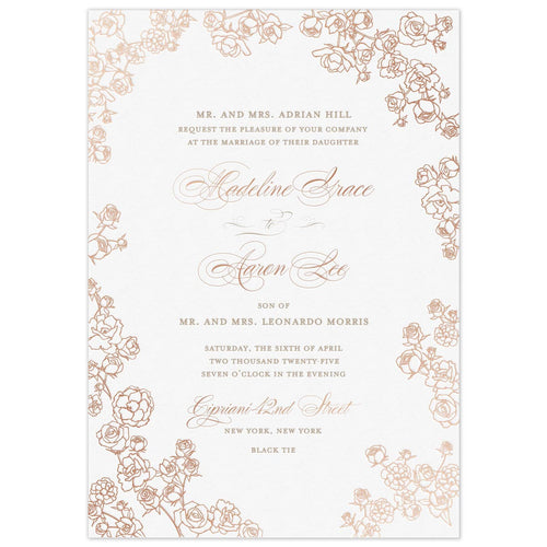Rose gold petite rose bunches bordering the card. Block and script font centered on the white page.