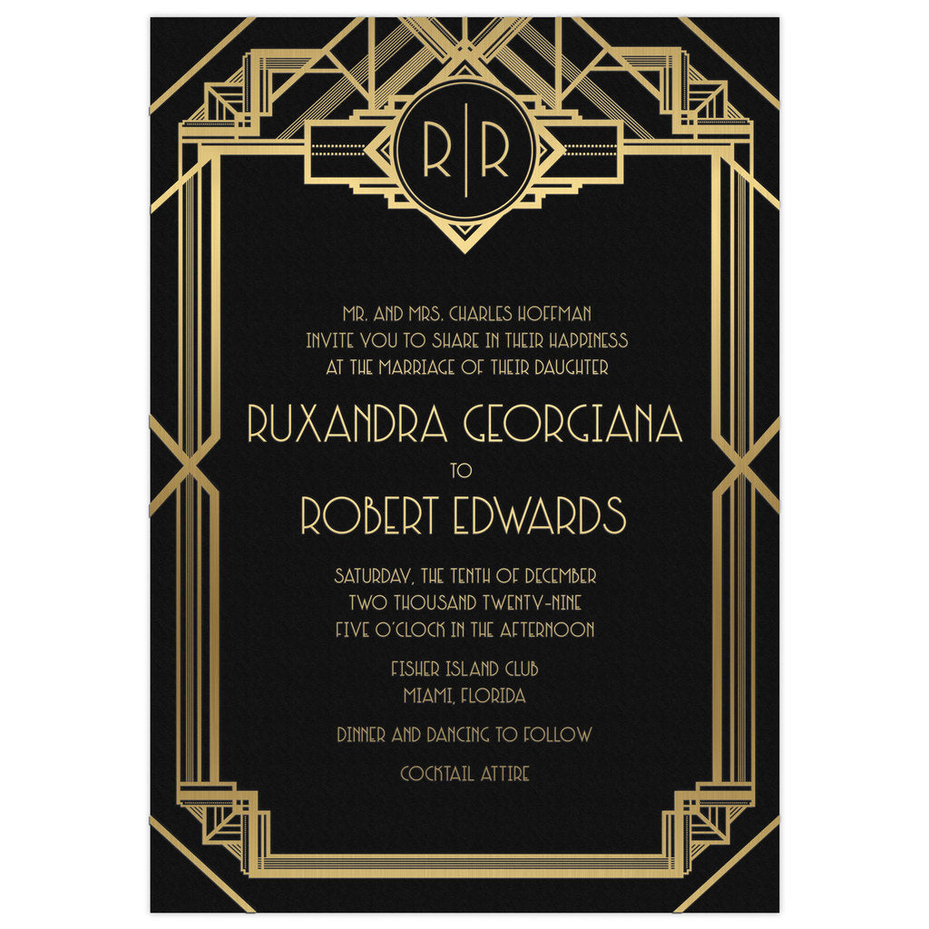 Wedding invitation on black paper with a gold foil deco design, monogram at the top off the invitation and deco font