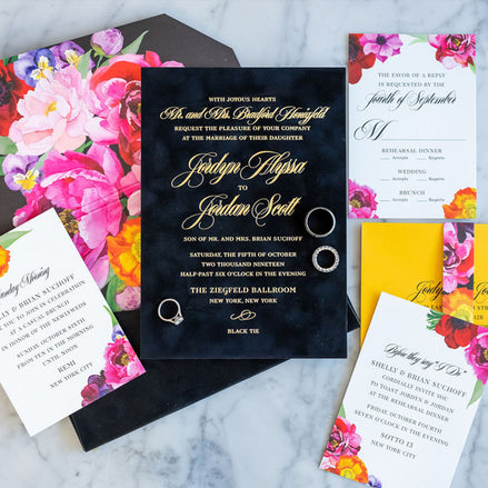 Black velvet and floral invitation