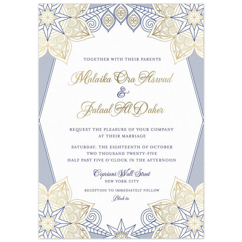 a white paper middle eastern invitation with blue and gold star designs on the corners and gold script with blue block font