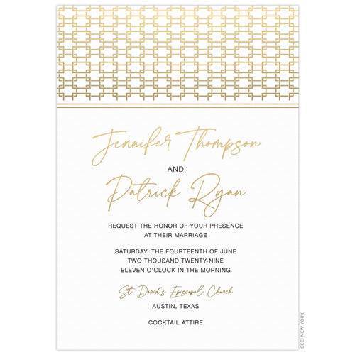 White invitation with gold linked pattern on the top of the invitation. Gold script font and black block font centered on the card.