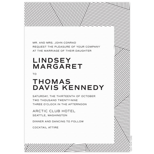 white paper invitation with geometric black lines on top bottom and right with black block font