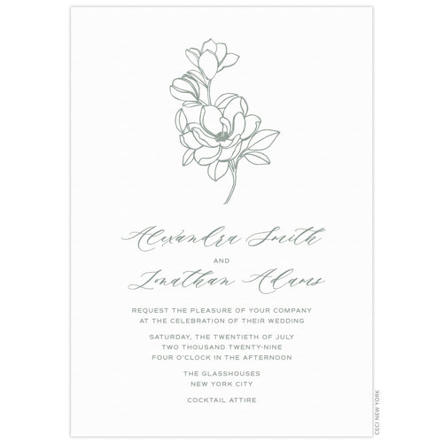 White invitation with simple flowers at the top of the invitation in sage green. Script and block font text centered underneath.