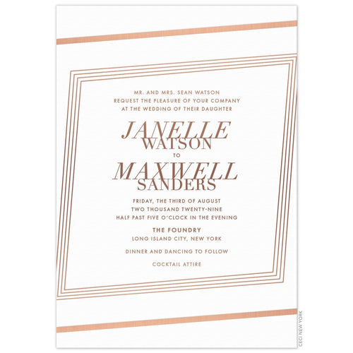 White invitation with lines on all four sides. Serif font and block font in the middle of the lines.