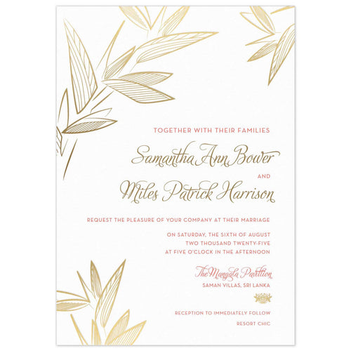 White invitation with modern leaves on the top corners and bottom left corner. Pink block font and gold script font right aligned with a gold Thai flourish. 