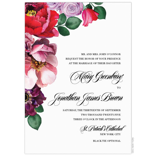 Crimson red, maroon, blush, green watercolor florals dripping down the top left side of the card. Black block and script font right aligned on the white card.