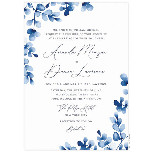 Blue watercolor leaves on the top left corner and bottom right corner. Block and script font in navy centered on a white invitation.