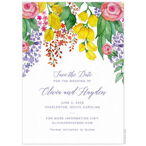Bright colored watercolor flowers dripping down from the top of the card. Script and block font centered on the white background in light purple.