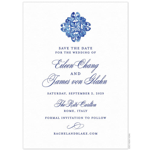 Blue watercolor tile motif at the top of the card. Blue block and script font centered on a white card.